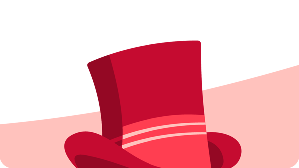 Illustration of a tall, red top hat with two lighter red stripes near the brim, set against a white background with a soft pink curved shape behind it.