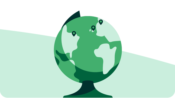 Illustration of a green globe on a stand, showing continents with three location pins marked, set against a light green curved background.