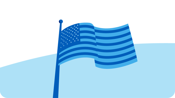 Illustration of a blue American flag with stars and stripes waving on a flagpole, set against a light blue curved background.