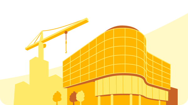 Illustration of The Interchange in Cardiff, UK - a modern building with curved glass panels in the foreground, and a tall construction crane in the background, set against a light yellow curved backdrop.