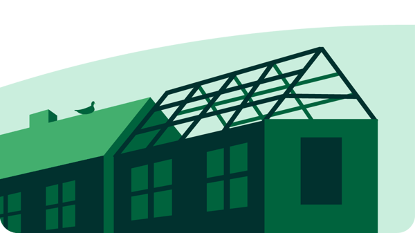 Illustration of a green house under construction, showing a partially built roof frame next to a completed house with windows, and a bird perched on the roof. The background features a light green curved shape.