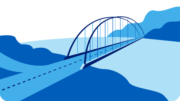 Illustration of a blue arched bridge spanning across a river, with layered blue hills in the background and a road leading onto the bridge.