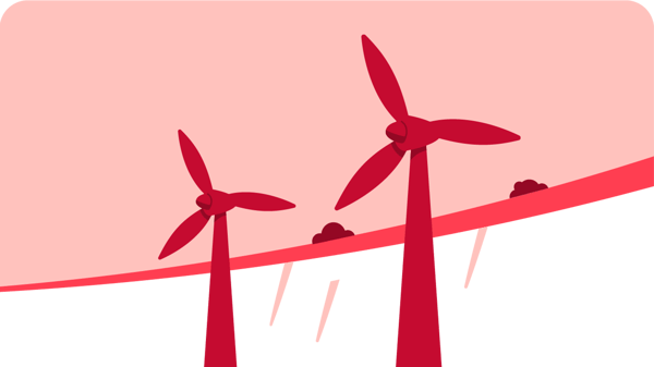 Illustration of two red wind turbines on a sloping landscape with small bushes, set against a light pink curved background.