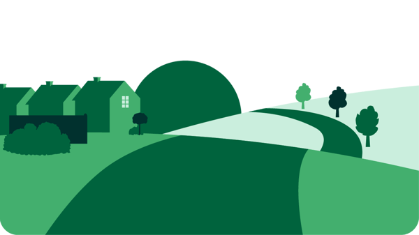 Illustration of a green countryside scene with a winding road, trees, and a row of houses on the left, set against a light green curved background.