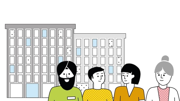 4 people in front of a building infographic