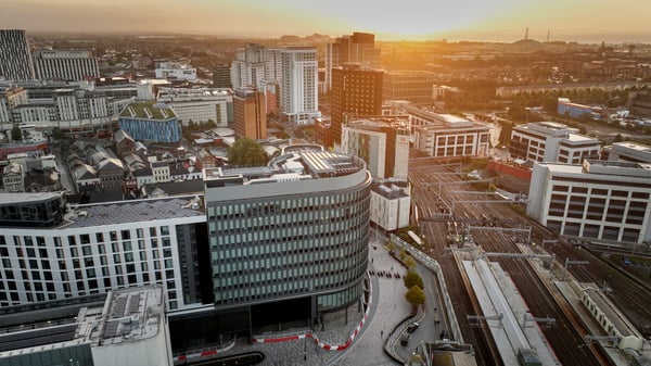 Aerial View Of A Cardiff Central Square At Sunset