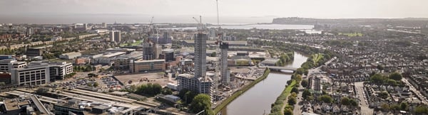 Aerial shot of Cardiff, UK, highlighting the River Taff.